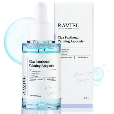 RAVIEL Cica Panthenol Calming Ampoule Centella Extract, Soothing &amp; Wrinkle Care, Hydration for Sensitive Skin Korean Skincare (1.01 fl oz)
