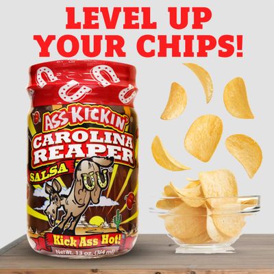 KICKIN' Carolina Reaper Hot Spicy Salsa - 13 oz. - Premium Gourmet Spicy Hot Carolina Reaper Salsa for Tortilla Chips, Veggies, and Breakfast Burritos - Warning - Try if you Dare!