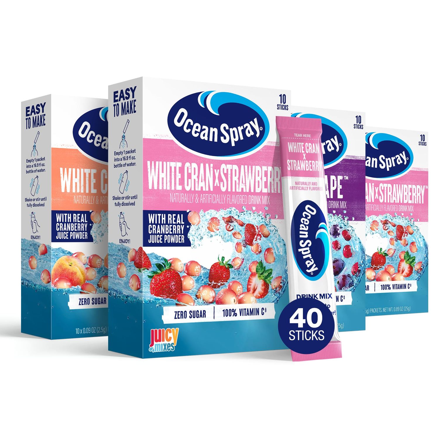Ocean Spray Variety Pack Zero Sugar Powder Drink Mix Packets with Real Cranberry Juice Powder, 100% Vitamin C, No Synthetic Dyes, Juicy Mixes (40ct)