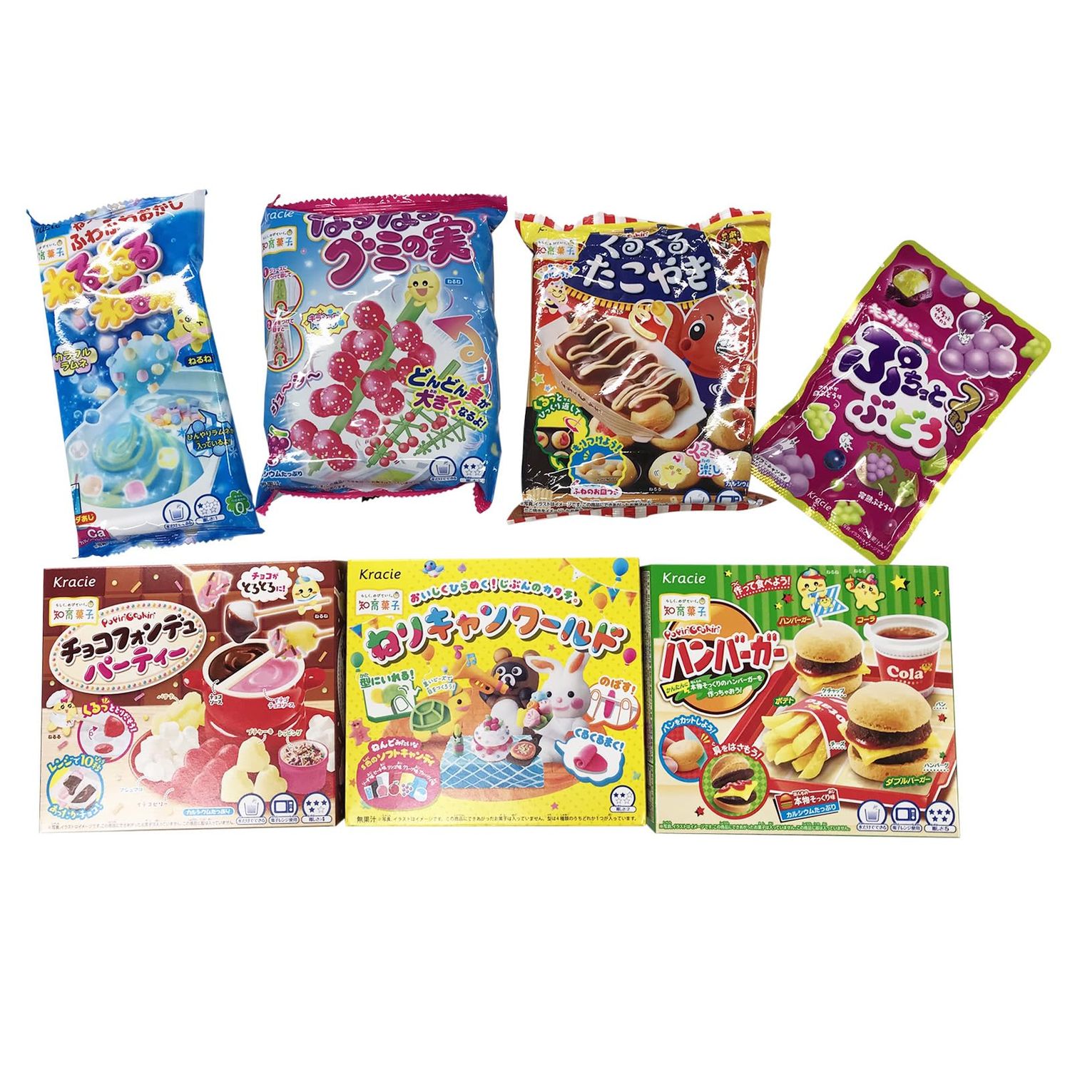 Japanese cool items store original box Assorted 7 bags Kracie Poppin&#39; Cookin&#39; DIY Gummy Candy Making Kit Takoyaki, Nerune, Ramen, Tsubupyon