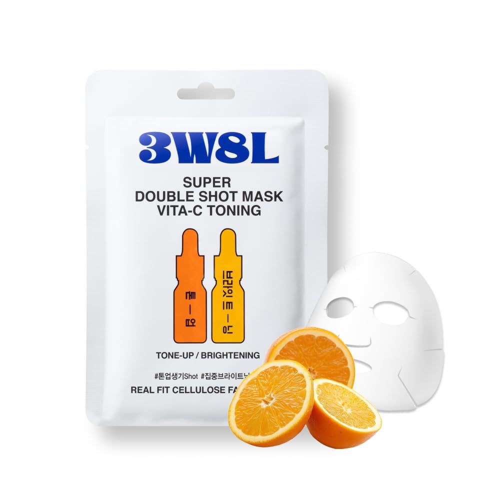 3W8L Super Double Shot Face Mask VitaC Toning 0.91 fl oz Tone up Essence Facial Mask Dull Skin Care Daily Facial Mask Eco-friendly Cellulose Orange Sheet Masks Korean Skin Care