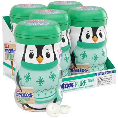 Mentos Pure Fresh Winter Edition Sugar-Free Chewing Gum with Xylitol, Spearmint, Holiday, Penguin Bottle, 50 Piece Bottle (Bulk Pack of 4)