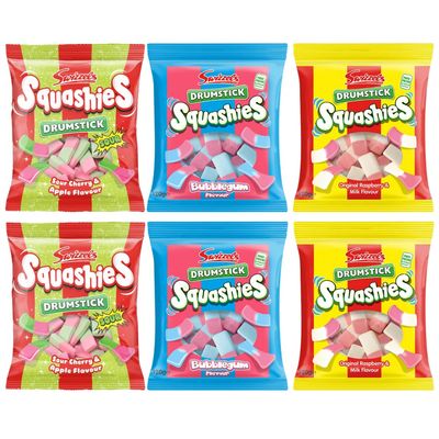 Squashie DrumStick Candies Variety Pack - 2 Pack Original Rasberry &amp; Milk, 2 Pack Sour Cherry &amp; Apple, and 2 Pack Bubble Gum Flavour - 120G (6 PACK BUNDLE) - Imported from UK