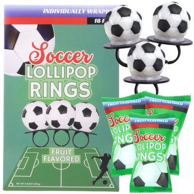 Lil&#39; League Lil League Soccer Ball Lollipop Rings, Individually Wrapped Candy for Birthday Party Favors, End of Season Parties, 18 Suckers