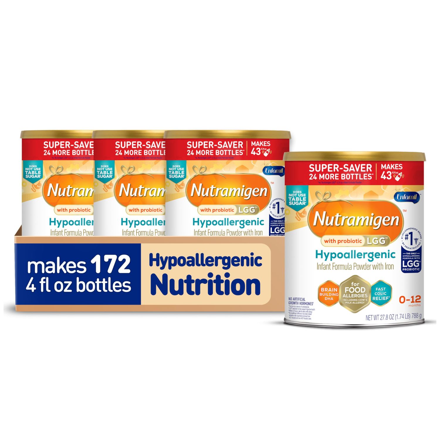Enfamil Nutramigen Hypoallergenic Baby Formula with Iron, Lactose Free, Colic Relief from Cow&#39;s Milk Allergy Starts in 24 Hours, Brain Building DHA, Probiotic LGG for Immune Support, 27.8 Oz, 4 Count