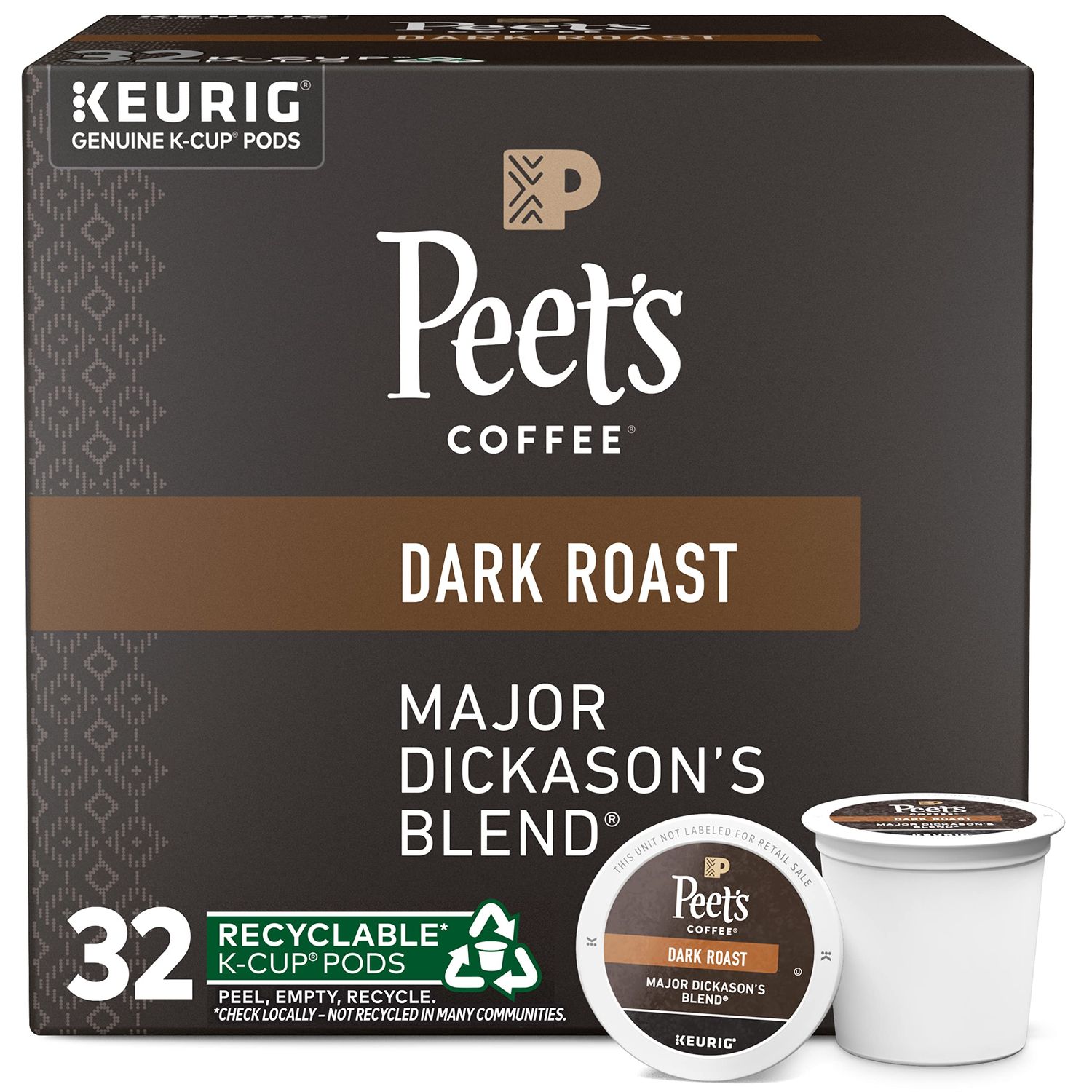 Peet's Coffee, Dark Roast Keurig K-Cup Pods - Major Dickason's Blend 32 Count (1 Box of 32 K-Cup Pods)