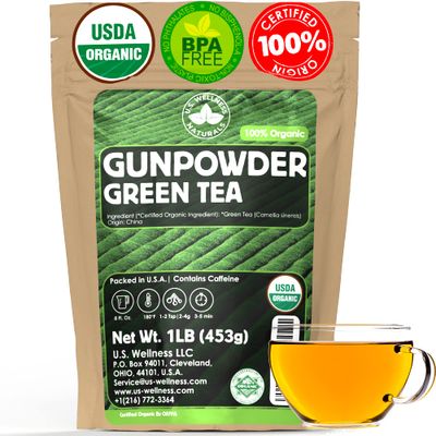U.S. Wellness Naturals Organic Gunpowder Green Tea Loose Leaf Premium Quality 100% Certified Organic Green Tea 16oz/453g 200 Cups