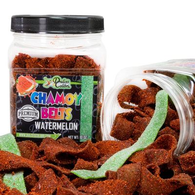 Dulces Colibri - Premium Watermelon Chamoy Belts Dry Chamoy Coated Gummies Mess Free Handmade to Order Long Lasting Flavor 10oz Jar Mix &amp; Match Eligible