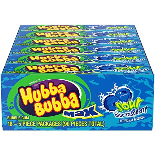 HUBBA BUBBA Sour Blue Raspberry Bubble Gum, Chewing Gum Bulk Pack - 5 Pieces, Pack of 18