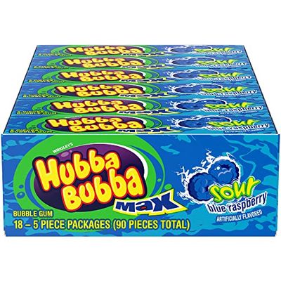 HUBBA BUBBA Sour Blue Raspberry Bubble Gum, Chewing Gum Bulk Pack - 5 Pieces, Pack of 18