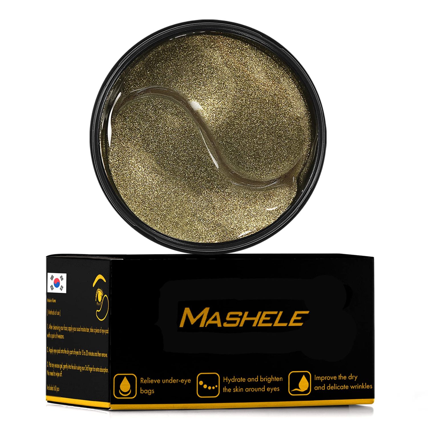 MASHELE Korean Under Eye Patches 24K Gold Black Pearl Mask Anti-Aging Hyaluronic Acid Collagen Neck Forehead Laugh Line Pad Reducing Dark Circles Treatment (60pcs, gold patches 60pcs)