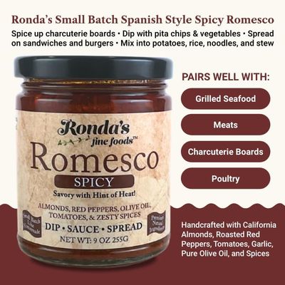 Spicy Romesco Dip, Spread, Sauce - Small-Batch with Almonds, Olive Oil, Red Peppers - Red Sauce for Meat, Veggies, &amp; Chicken by Rondas Fine Foods