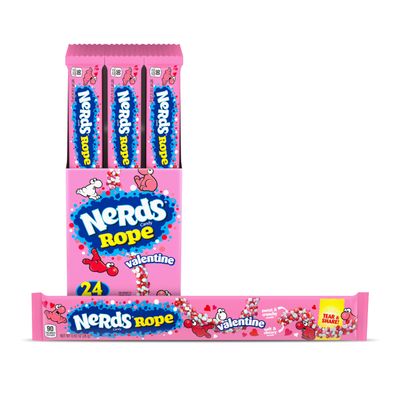 NERDS Rope Valentine Candy, Sweet and Sour Candy, Individually Wrapped, Valentine&#39;s Day Pink, White, and Red Rope Colorful Candy, 0.92oz, Pack of 24
