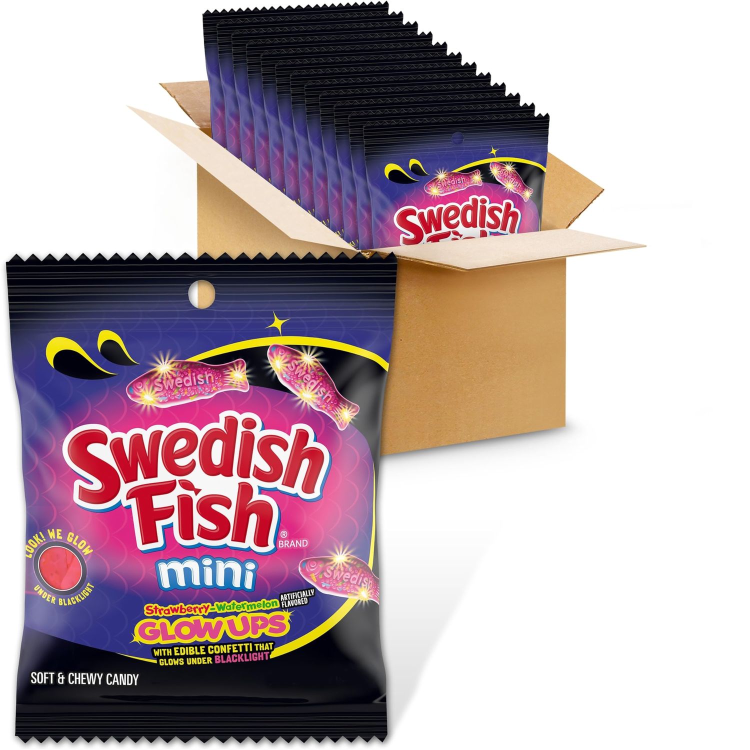 SWEDISH FISH Mini Glow Ups Strawberry-Watermelon Soft &amp; Chewy Candy, 12-3.08 oz Bags