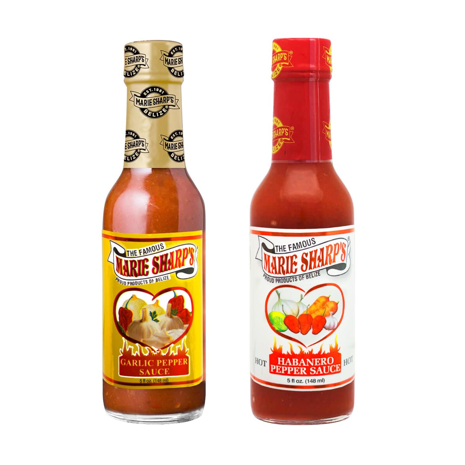Marie Sharp&#39;s Original Garlic and Hot Habanero Pepper Sauce Combo, 5 Ounce each (Pack of 2)