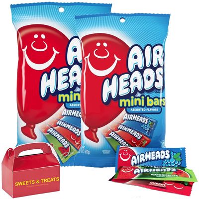 Air head Fruit Flavored Candy Variety Pack Watermelon, Blue Raspberry, Cherry, White Mystery, &amp; Strawberry Individually Wrapped Treat Box Included (Bags)