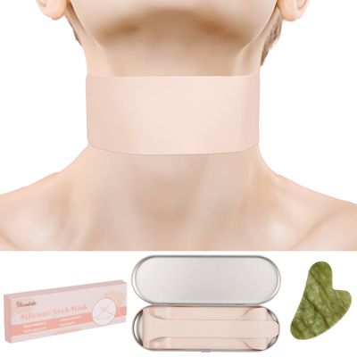 Beautistin Reusable Silicone Neck Wrinkle Patch - Silicone Mask Adjustable, for Use with Neck Cream, No Adhesive, Anti Wrinkle Patches for Firming and Tightening, with Jade Gua Sha Tool and Tin Case