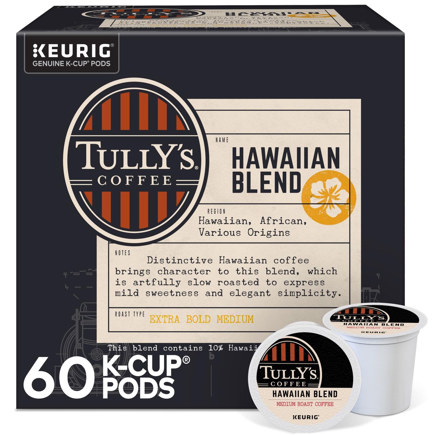 Tully&#39;s Coffee Hawaiian Blend, Keurig Single Serve K-Cup Pods, Medium Roast, 60 Count, (6 Packs of 10)