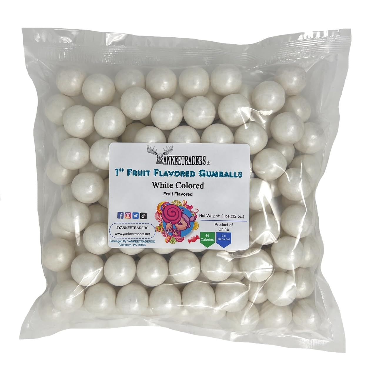 YANKEETRADERS White Fruit Flavored Gumballs 1&quot;, 2 Pounds Bulk