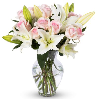 Benchmark Bouquets - Oriental Lilies &amp; Pink Roses (Glass Vase Included) - Fresh Flowers for Delivery - Gift for Easter, Mothers Day, Birthday, Anniversary, Sympathy, Get Well, Congratulations
