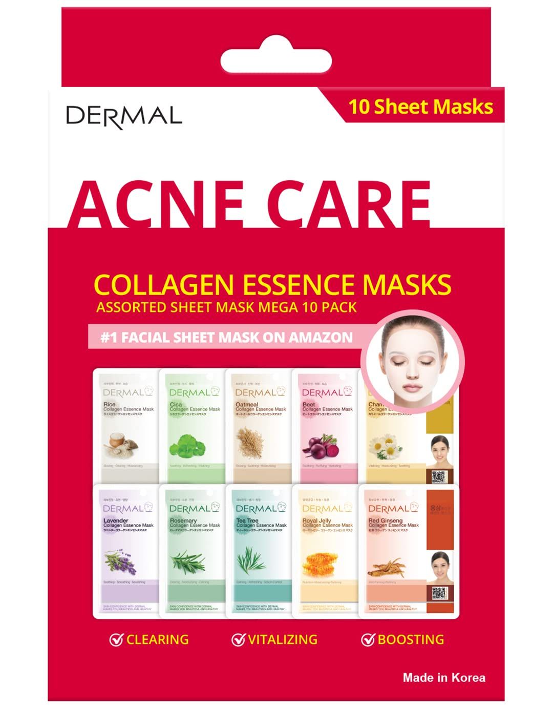 DERMAL Acne Care Collagen Essence Masks Assorted Sheet Mask Mega 10 Pack - The Ultimate Supreme Collection for Every Skin Condition Day to Day Skin Concerns. Nature-made Freshly Korean Face Mask