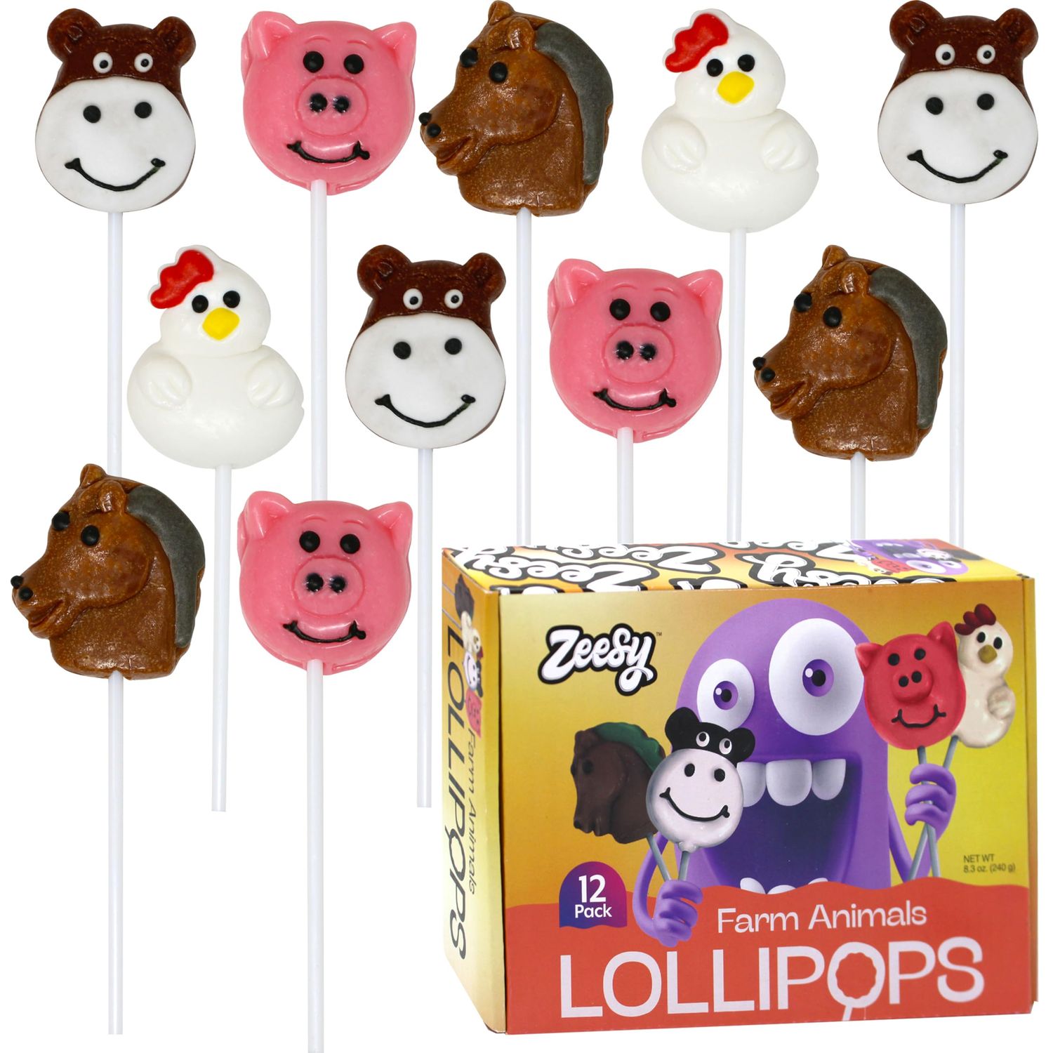 Farm Animal Lollipops - 12 Pack - Individually Wrapped Suckers for Barnyard Party Favors, Farm Birthday &amp; Baby Shower - Cow, Rooster, Horse &amp; Pig Shapes