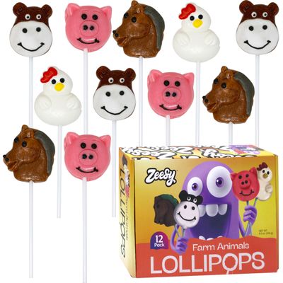 Farm Animal Lollipops - 12 Pack - Individually Wrapped Suckers for Barnyard Party Favors, Farm Birthday &amp; Baby Shower - Cow, Rooster, Horse &amp; Pig Shapes