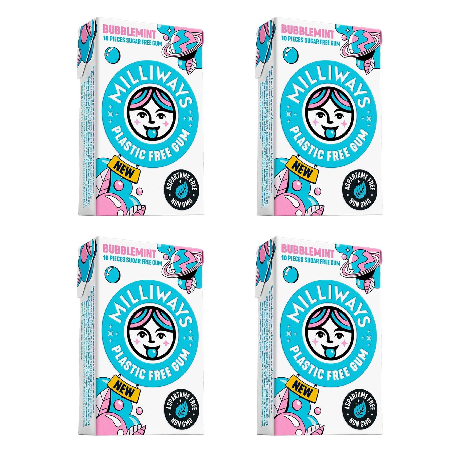 Milliways Bubblemint Super Natural Gum - Plastic-Free Chewing Gum Xylitol, Aspartame-Free, Sugar-Free, Plant-Based 4 Packs of 10 Pieces (40 Pieces Total)