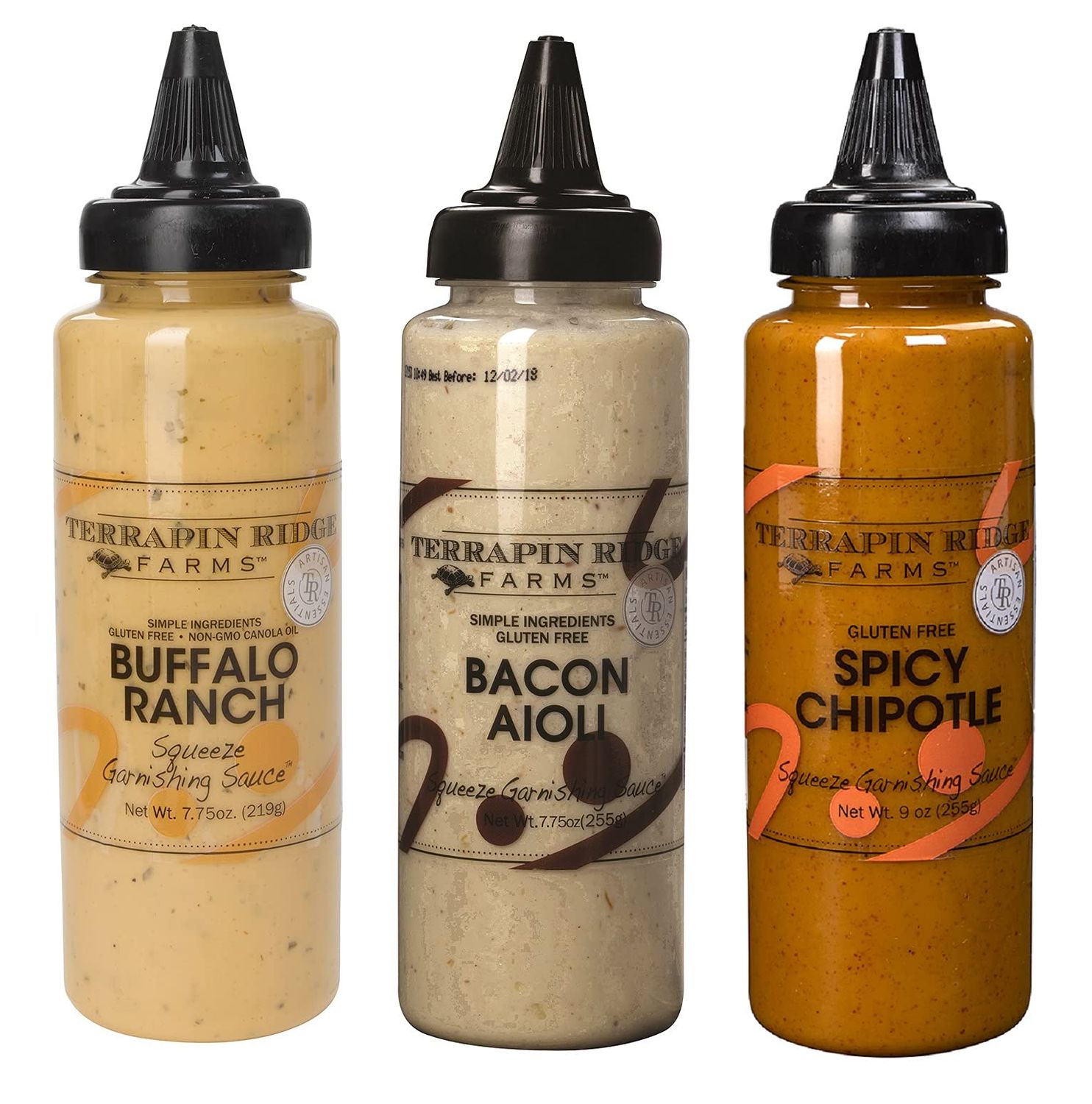 Terrapin Ridge Farms Squeeze Me Baby Sampler Set - One Each of Buffalo Ranch, Bacon Aioli, and Spicy Chipotle Garnishing Squeeze Bottles (3 Items)