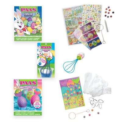 PAAS Easter Egg Decorating Bundle, Includes 1 Deluxe Kit, 1 Mermaid Tails Egg Dying Kit, and PAAS Whiskers for Easy Egg Dying, Food Safe Dye for Family Easter Activity (3 Piece Bundle)