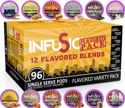 InfuSio Flavored Coffee Pods 96 Count Variety Pack 12 Exquisite Medium Bold Roast Flavored Single-Serve Coffee Pods for Keurig K cups Brewers - Keurig 2.0 Compatible