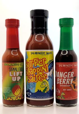 Sea Monster Sauces Sampler - 1 Bottle Surfer Slappin! Sauce - 1 Bottle Danger Berry - 1 Bottle Lift Up Hot Sauce