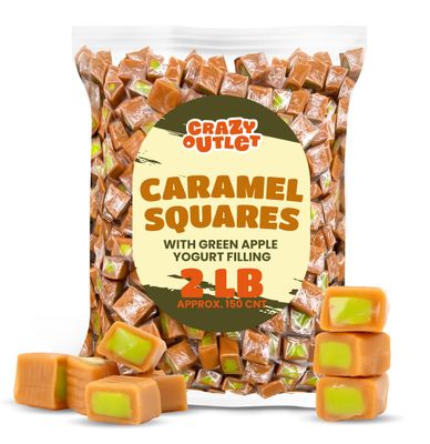 Caramel Cubes Candy - 2 Pound Bulk Pack (About 150 Count) - Green Apple Filling - Individually Wrapped