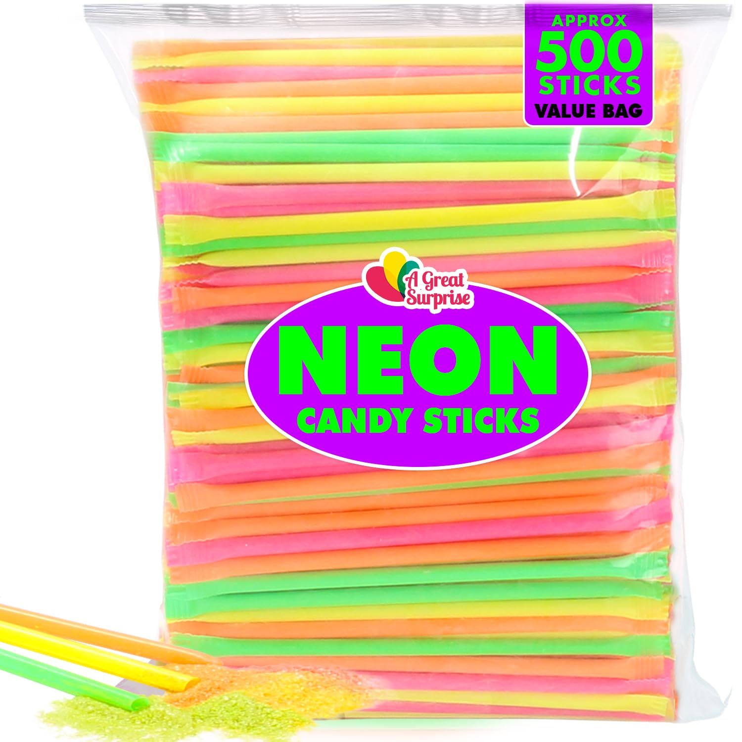 Sugar Candy Straws - 500 Count Bulk Sugar-Filled Sticks in Bright Neon Colors 80s &amp; 90s Nostalgic Candy for Parties, Piatas, Parades &amp; Goodie Bags