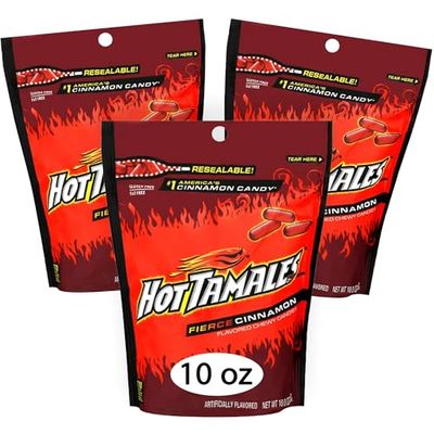 Hot Tamales Cinnamon Chewy Candy Pack of 3 Bags - 10 oz Each - Candy Bulk Spicy Hot Tamales Cinnamon Chewy Red Candy
