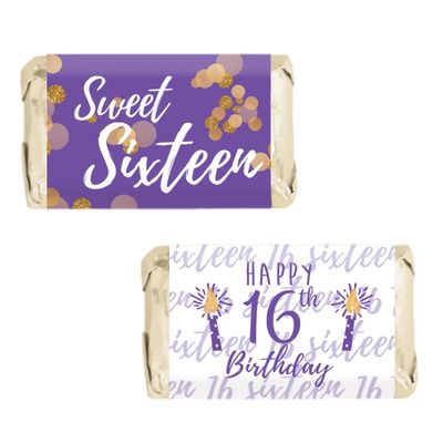 Purple and Gold Sweet 16 Birthday Party Mini Chocolate Candy Bar Wrappers - Sweet Sixteen Party Favor Stickers - 45 Stickers