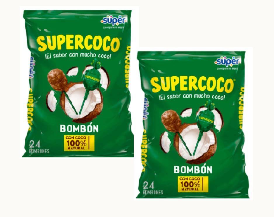 SUPERCOCO BOMBON COCONUT CANDY (LOLLIPOPS BAG OF 24 UNITS PER BAG) - 2 PACK