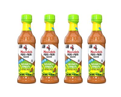 Nandos Peri Peri Sauce Extra Mild 4 Pack - Sauces, Seasoning or Marinade for Wings, Fish, Meat, Rice or Veg - No Artificial Colors, Flavors, Non-GMO, No MSG, Gluten Free - x4, 9.2 Oz Lemon and Herb