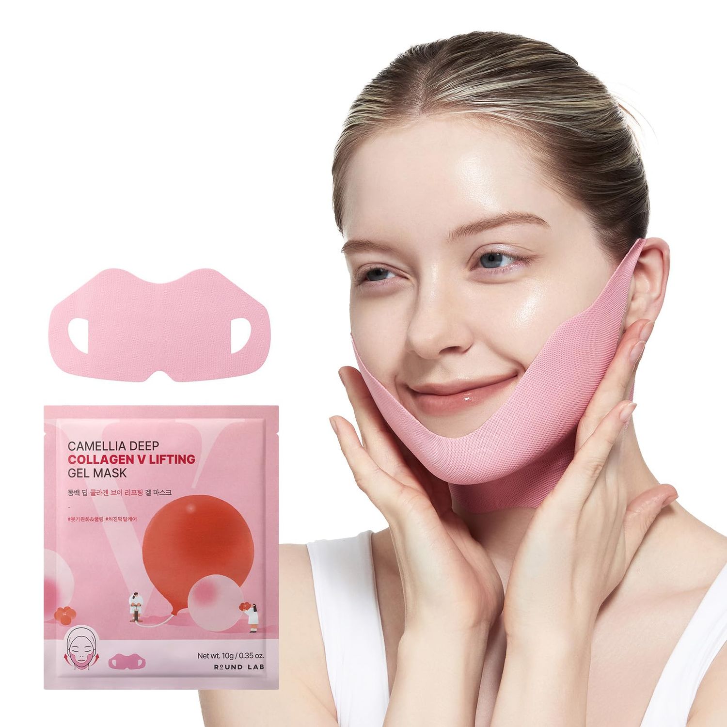 ROUND LAB Camellia Deep Collagen V Lifting Gel Mask 10g/0.35oz face toning belt, collagen v-line mask, improves sagging skin, lifting &amp; firming, double-chin mask, instant cooling &amp; depuffing