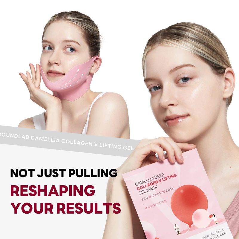 ROUND LAB Camellia Deep Collagen V Lifting Gel Mask 10g/0.35oz face toning belt, collagen v-line mask, improves sagging skin, lifting &amp; firming, double-chin mask, instant cooling &amp; depuffing
