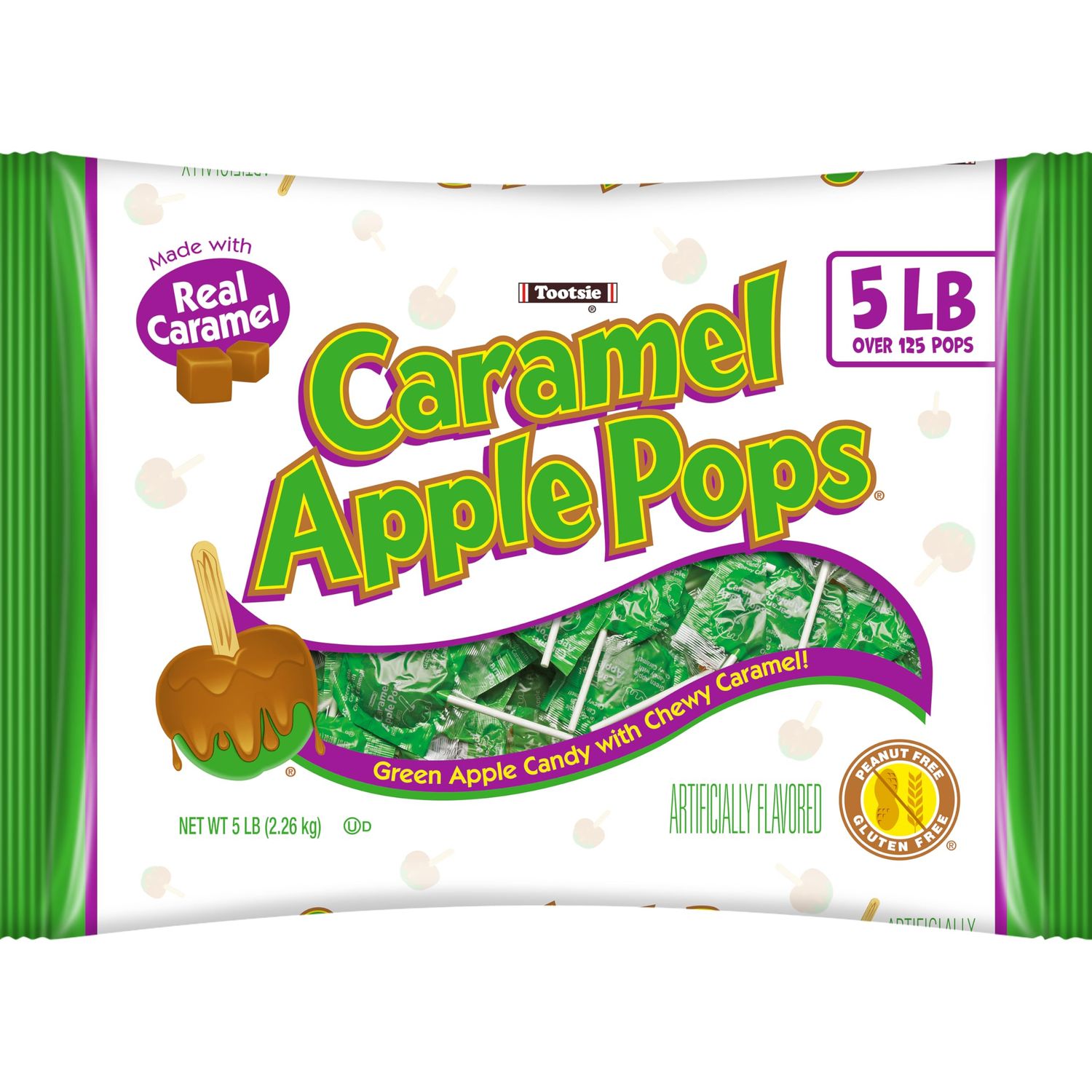 Tootsie Roll Caramel Apple Pops - Caramel Covered Green Apple Candy Lollipops - Bulk Gluten Free Candy - 5 Pound Bag of Caramel Apple Suckers