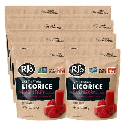 RJ&#39;s Soft Australian Licorice, Natural Raspberry Flavor, Resealable Bag, 7.05 Ounce (8-Pack) Non-GMO, No Palm Oil, Plant Based Soft &amp; Chewy Licorice Candy, Batch Made in Australia