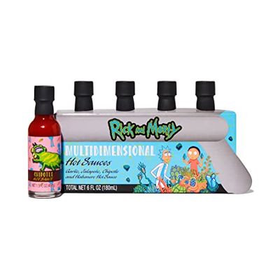 Adult Swim RICK AND MORTY Multidimensional Hot Sauce Gift Set, Officially Licensed, Includes Garlic, Jalapeo, Chipotle and Habanero, Hot Sauce Collection, Set of 4
