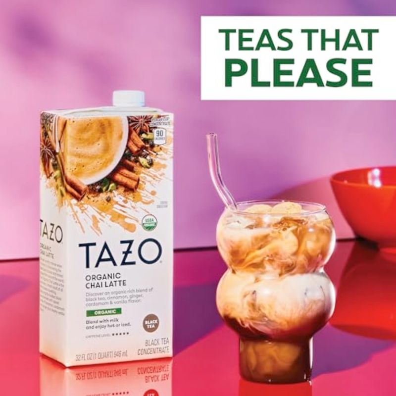 TAZO Organic Chai Latte Concentrate, Hot or Iced Black Tea, Easy-to-Serve, Everyday Lattes and Mocktails, 32 oz Carton (Pack of 2)