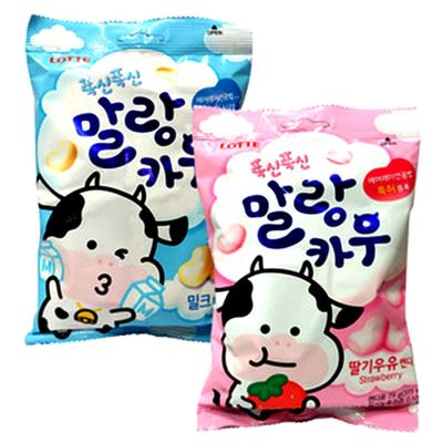Korean Lotte Soft Malang Cow Fresh Grade Milk &amp; Strawberry Milk Chewy Candy (Pack of 2) (2.78oz)