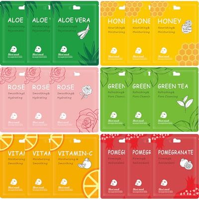 Meleell Facial Mask Sheet,Face Mask Skin Care Bulk Pack,Hydrating Spa Face Mask For Sensitive Skin, Facial Masks Sets For Women/Teen Girls (18-Packs)