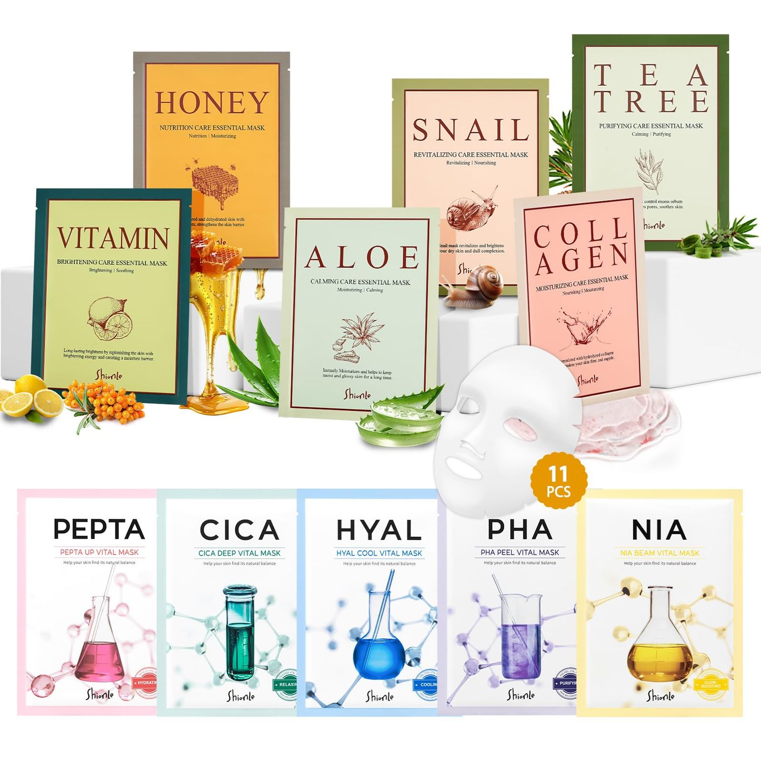 SHIONLE 11 Combo Pack AB Vital &amp; Essential Face Mask Sheet 11 Types Variety Set, Premium K-cosmetics Korean Skincare, Moisturizing Treatment Mask, Natural Home Spa Self Care For All Skin Types