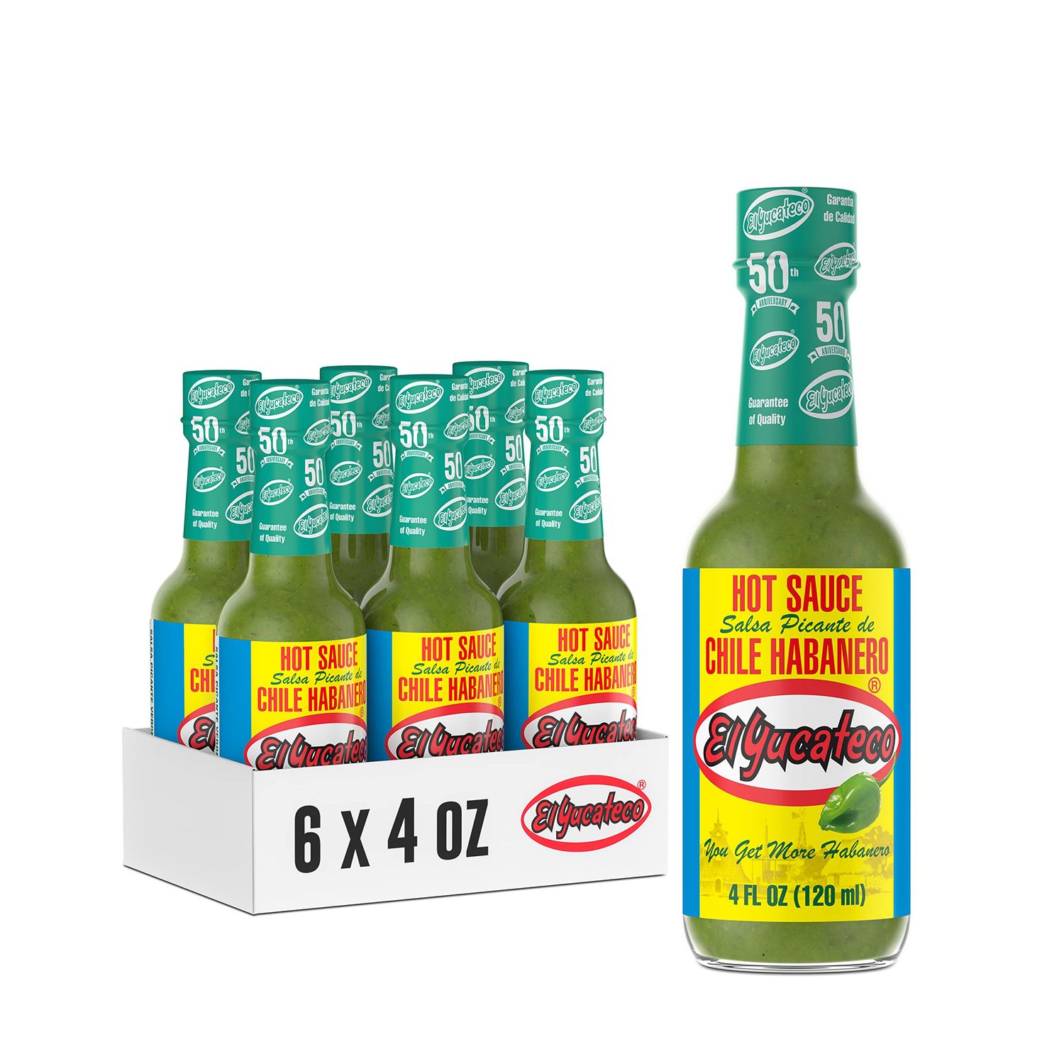 El Yucateco Green Habanero Sauce, 4 oz., 6 Pack, 7,900 Average Scoville Units, Gluten Free, Sugar Free