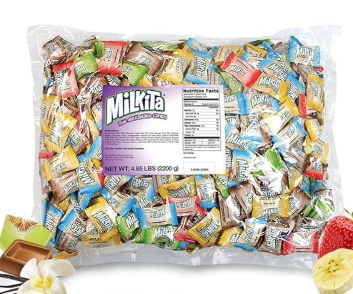Milkita Creamy Shake Candy Bulk Pack, Gluten Free Chewy Candies with Calcium &amp; Real Milk, Zero Trans Fat, Low-Sugar, Assorted Flavors (Vanilla, Strawberry, Chocolate, Honeydew, Banana), 550 Pcs