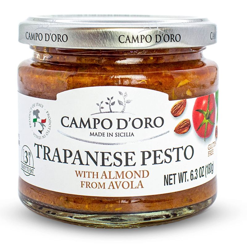 CAMPO D&#39;ORO - Trapanese Pesto Sauce, made with Tomato Sauce, Basil &amp; Almonds, 6.3oz (180g), 100% made in Italy